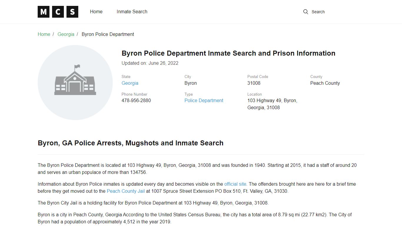 Byron Police Department Inmate Search and Prison Information